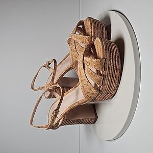 Schutz Darilia Ribbed Cork Platform Sandal Heels Slingback Peep Toe Beige 10 B